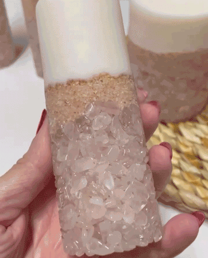 GIF Video of Three Beautiful Rose Quartz Crystal Candles Showing the Details of the Crystals and the Size of this Candle Kit That Should be Used in Home Decor to Bring Elegance And Statement Look.